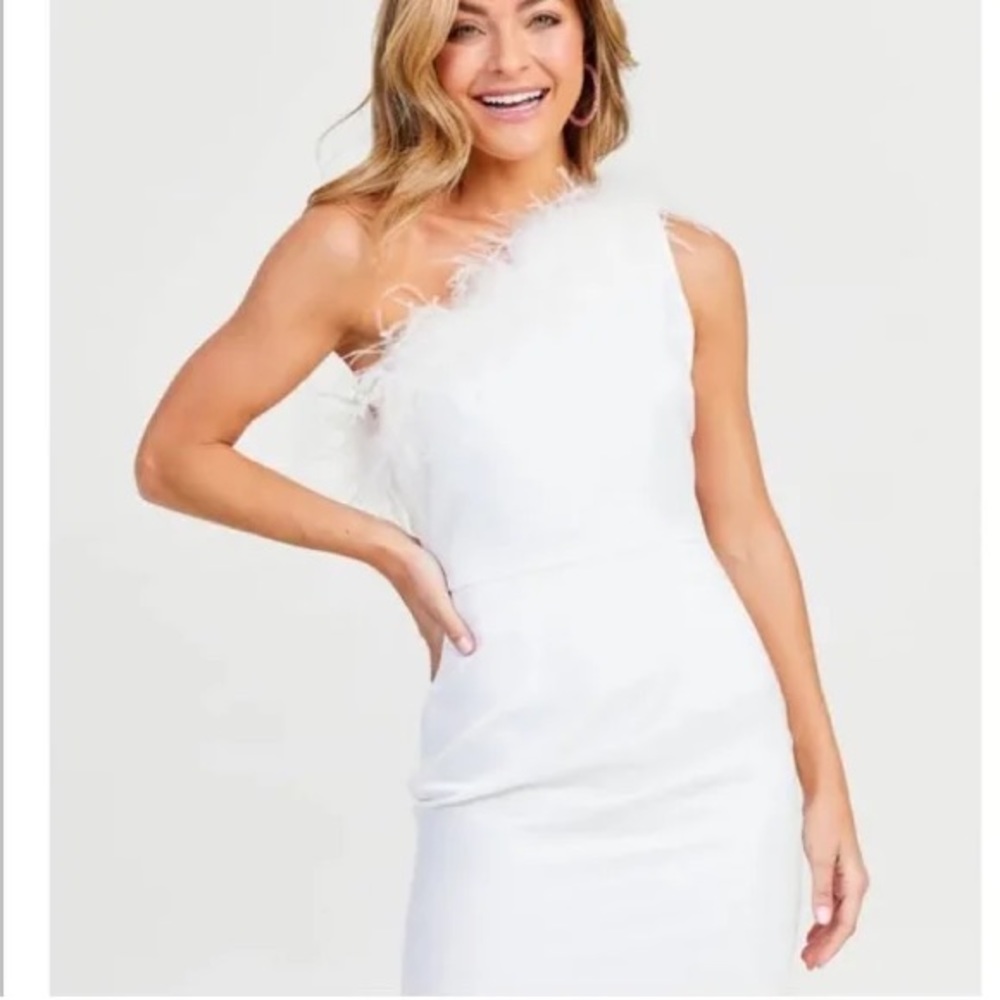 Altar'd State White Satin Savanna One Shoulder Feather Trim Mini Cocktail Dress